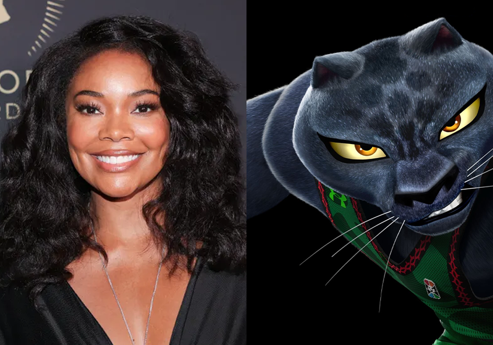 Side-by-side of actress Gabrielle Union and a sleek, intense animated black panther in a green jersey.