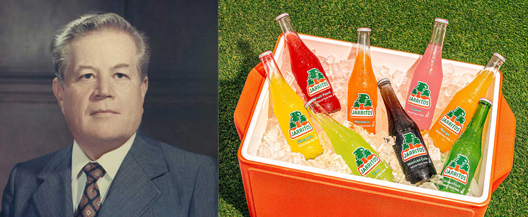 Jarritos founder Don Francisco Hill alongside an orange cooler filled with ice and glass soda bottles.