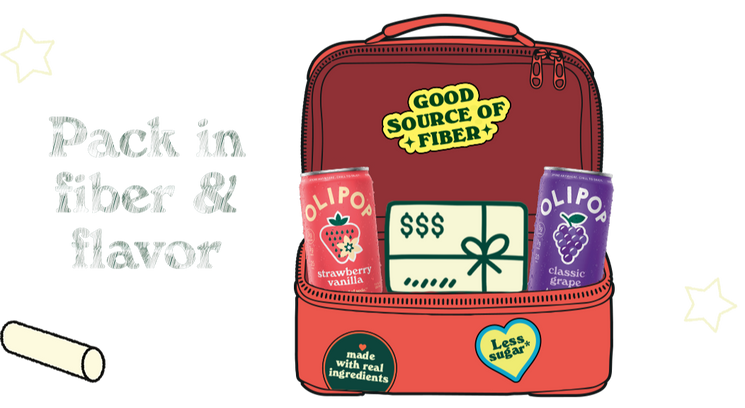An open red lunchbox with Olipop branded patches and 3 cans of Olipop inside.