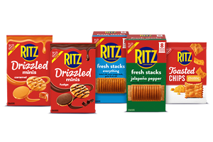 Ritz crackers in caramel, fudge, everything, jalapeno pepper, and cheddar flavors.