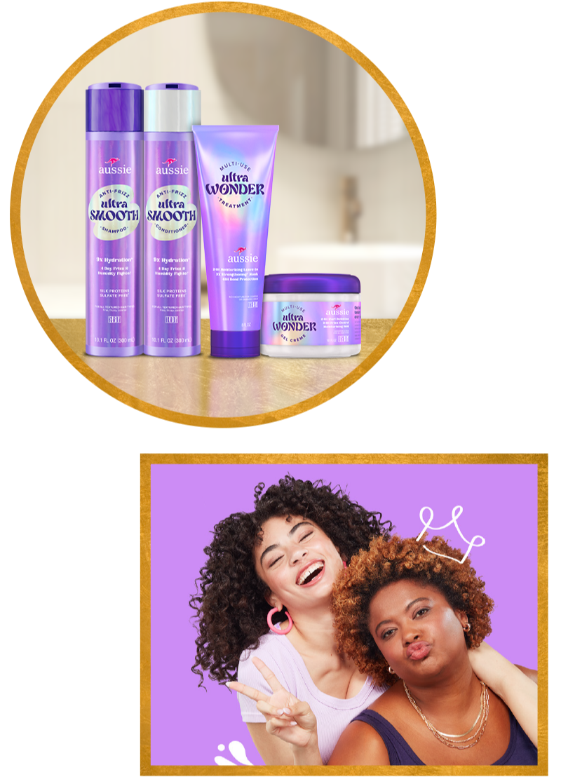 Aussie Ultra Smooth shampoo, conditioner, and Ultra Wonder treatment and gel creme, with two women laughing and posing together.