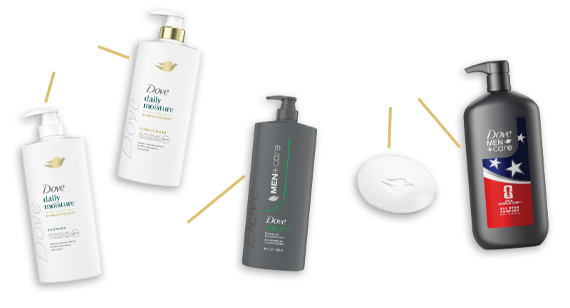 Dove and Dove Mens shampoo, conditioner and body wash