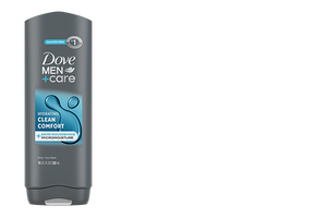 A bottle of Dove Men+Care Clean Comfort Body and Face Wash featuring blue swirl graphics against a black background with white text.