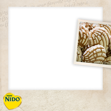 Nestlé Nido photo frame with a black photo area and an overlapping photo of round, golden-brown pastries topped with a white ridged sugar coating, with the Nido logo below. / Marco para foto de Nestlé Nido con un espacio negro para una foto y una foto superpuesta de pasteles redondos y dorados cubiertos con una capa de azúcar blanca con textura acanalada, con el logotipo de Nido debajo.