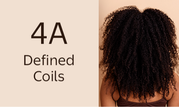 Back view of type 4A defined coils hair pattern, labeled Defined Coils.