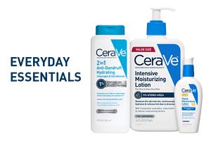 CeraVe intensive moisturizing products, with text reading: EVERYDAY ESSENTIALS.