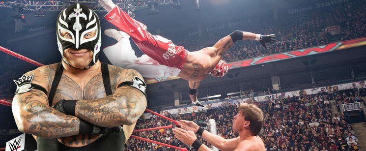A split image featuring masked wrestler Rey Mysterio standing with arms crossed next to an action shot of a wrestler leaping from the turnbuckle.