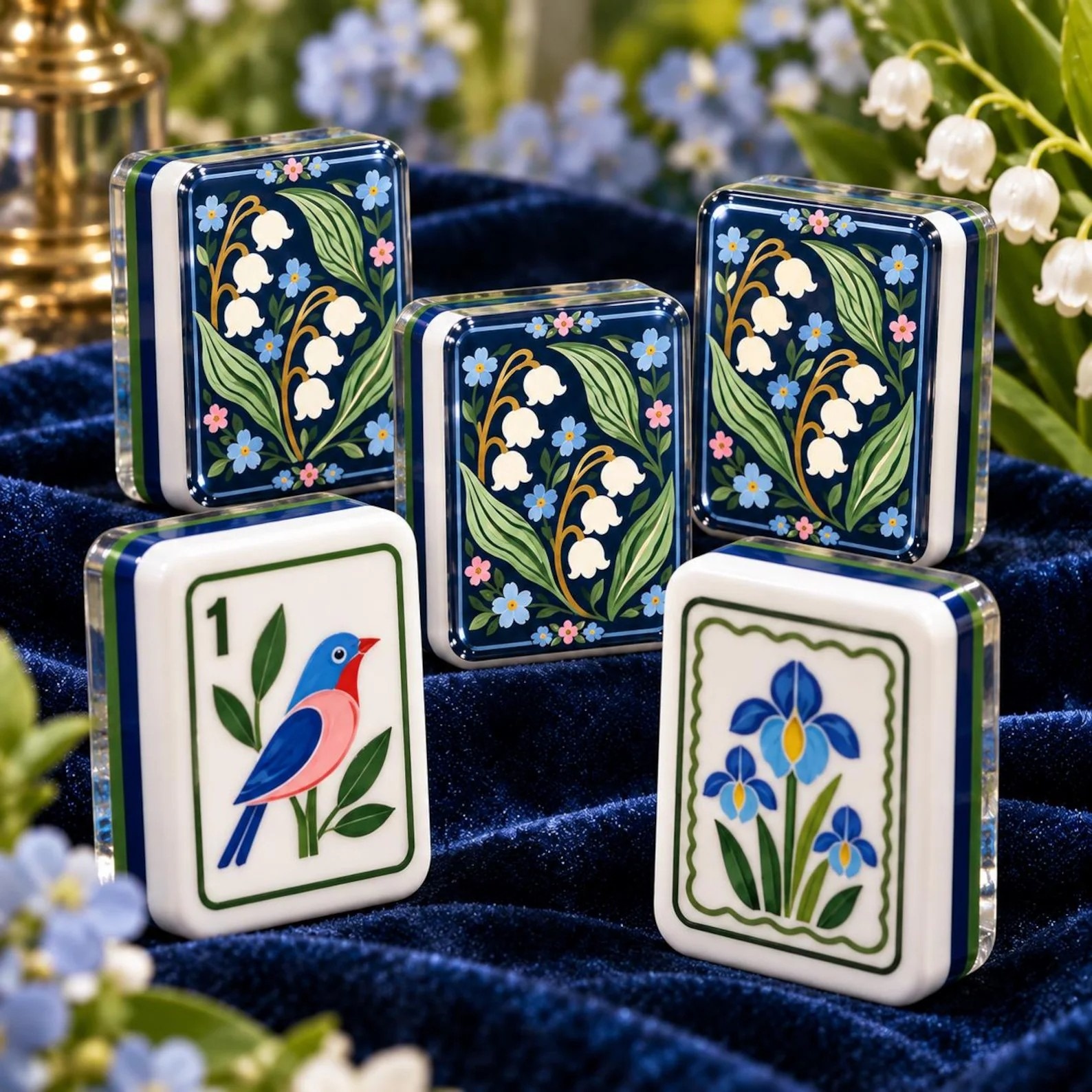 Lily of the Valley Engraved Mahjong Tiles, Navy Blue Floral Bird Design