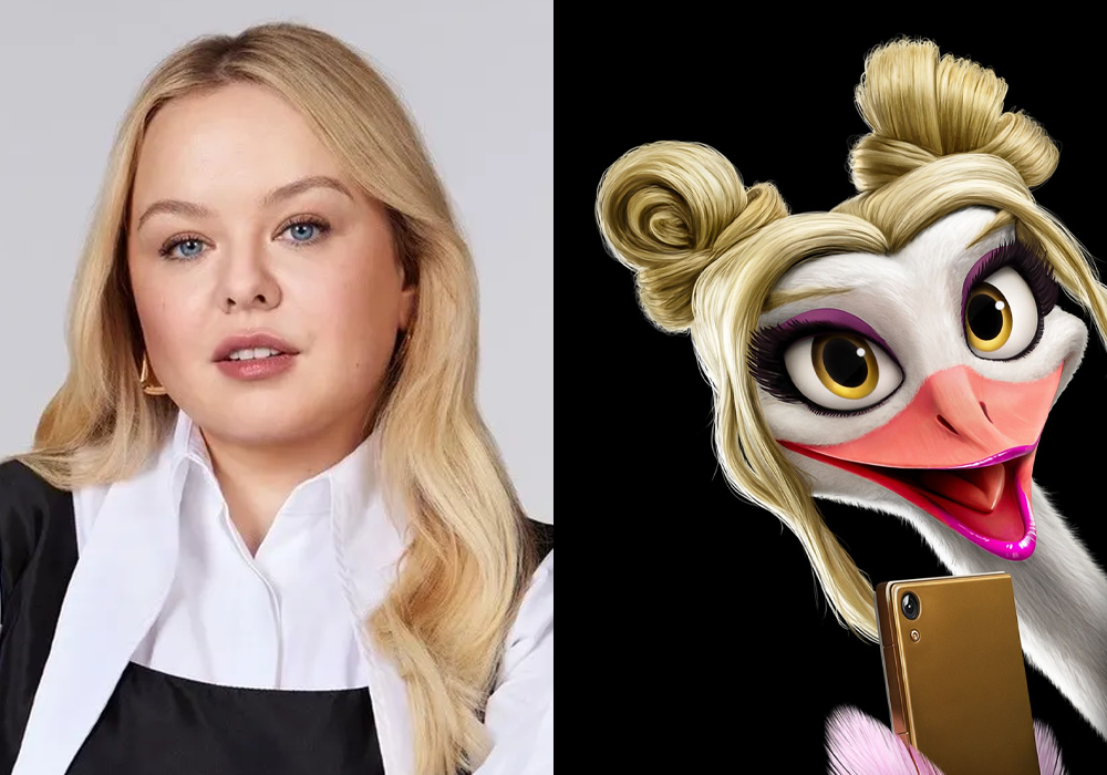 Side-by-side of actress Nicola Coughlan and a fashionable animated ostrich with a blonde updo.