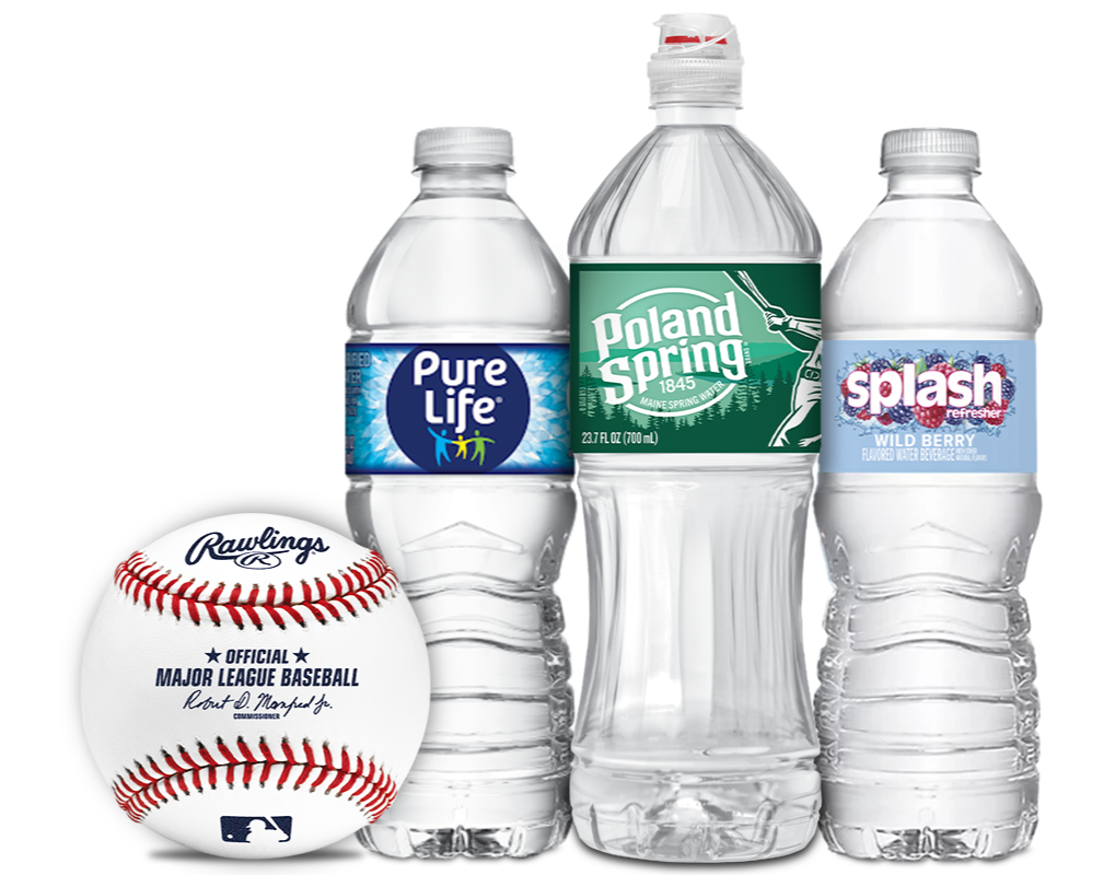 Pure Life, Poland Spring, and Splash water bottles with Rawlings baseball