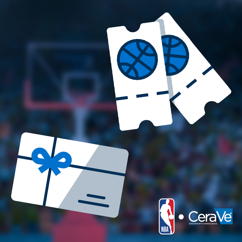 Gift card and ticket illustrations set against a blurred basketball stadium background with the NBA and CeraVe logos.