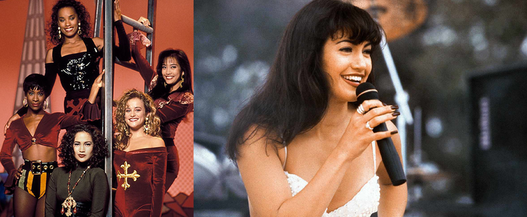 A split image featuring Jennifer Lopez performing on stage with a microphone next to a photo of the "Fly Girl" dancers..