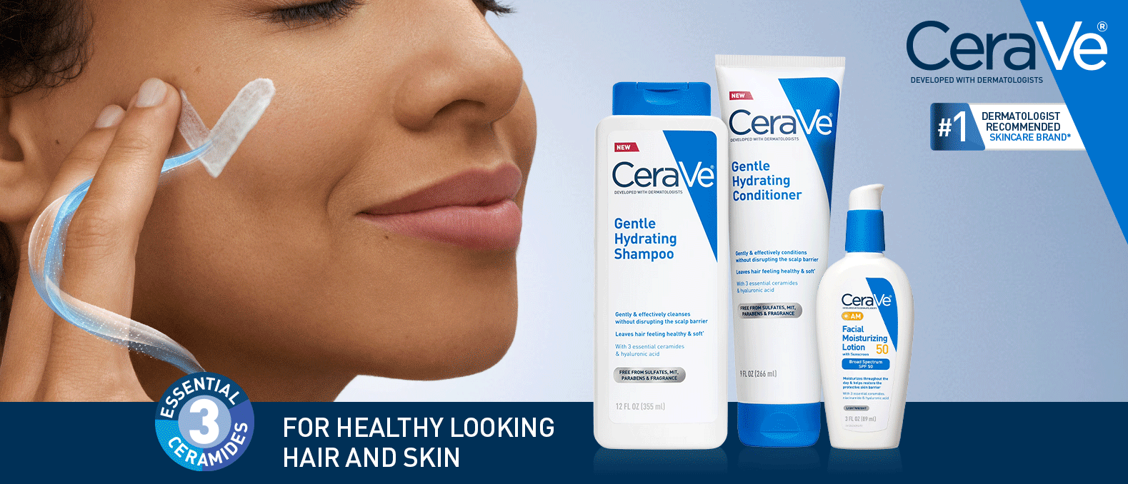 Split layout showing a woman's face with a translucent blue graphic line next to three CeraVe Gentle skincare and hair products, with text reading: FOR HEALTHY LOOKING HAIR AND SKIN.