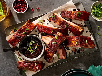Pomegranate Molasses Pork Baby Back Ribs  on a silver plate.