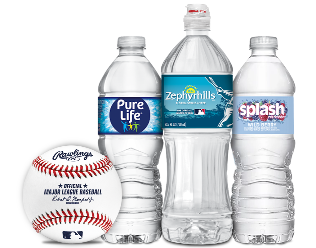 Pure Life, Zephyrhills, and Splash water bottles with Rawlings baseball