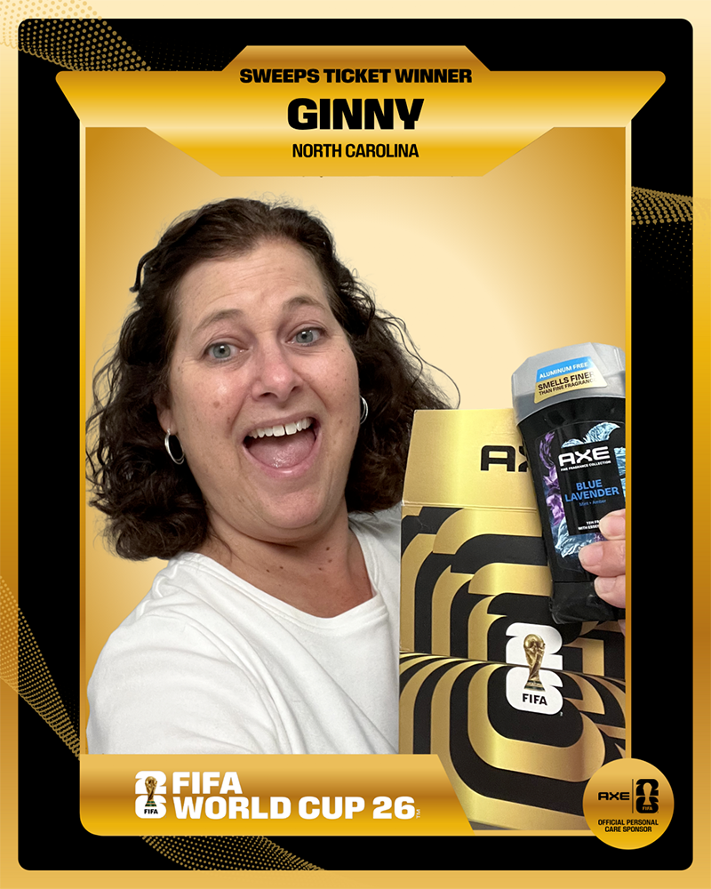 A gold digital trading card celebrating "Sweeps Ticket Winner Ginny from North Carolina," showing an excited woman holding an Axe deodorant stick and an Axe gift pack.
