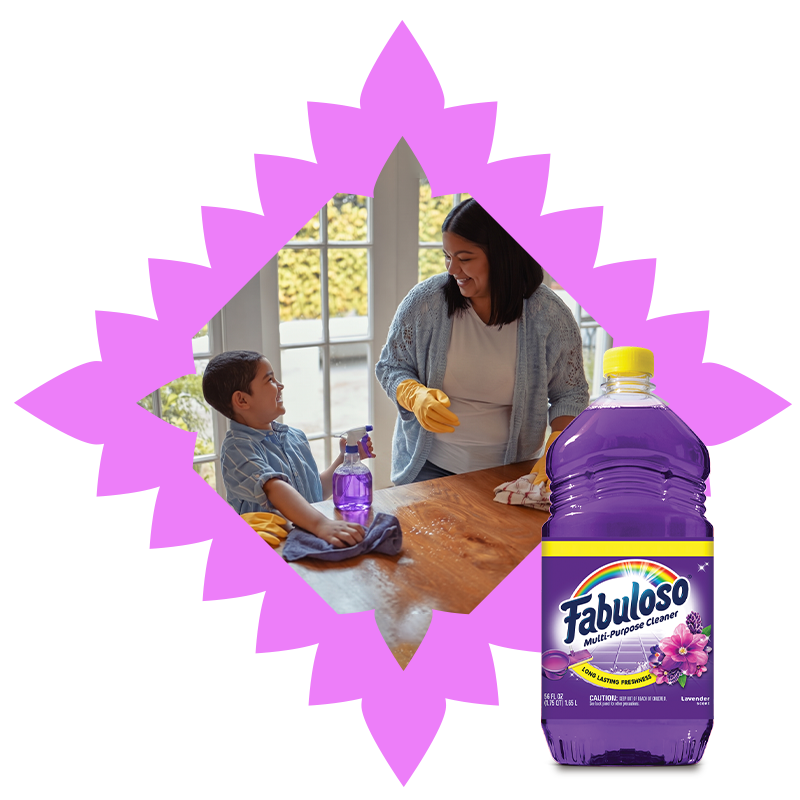  Mom and son in a frame cleaning with Fabuloso. /  Mamá e hijo en un marco limpiando con Fabuloso.