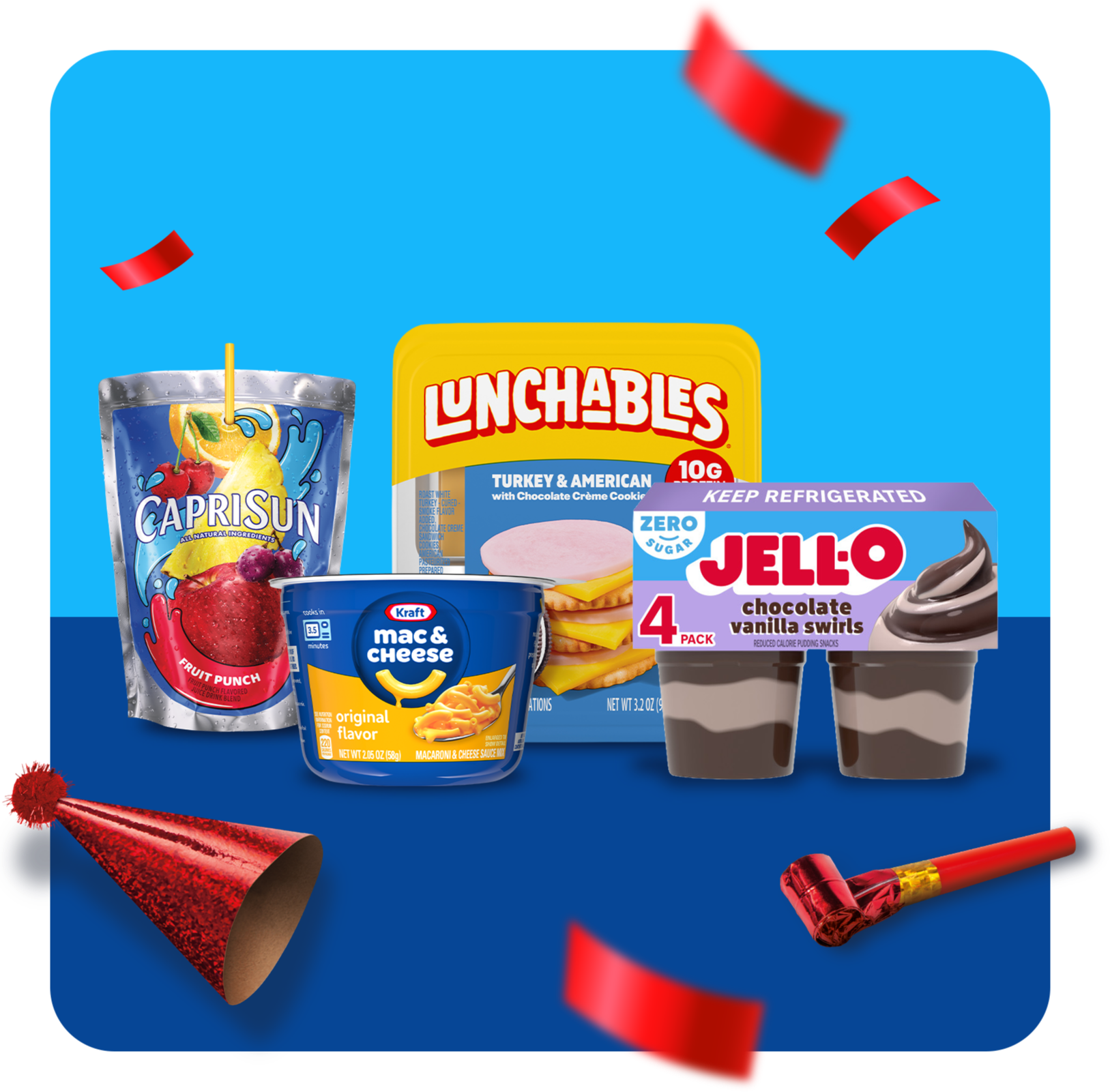 Kraft food products next to a party hat, kazoo, and confetti.