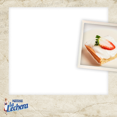 Nestlé La Lechera photo frame with a black photo area and an overlapping photo of a slice of tres leches cake, with the La Lechera logo below. / Marco para foto de Nestlé La Lechera con un espacio negro para una foto y una foto superpuesta de una rebanada de pastel de tres leches, con el logotipo de La Lechera debajo.