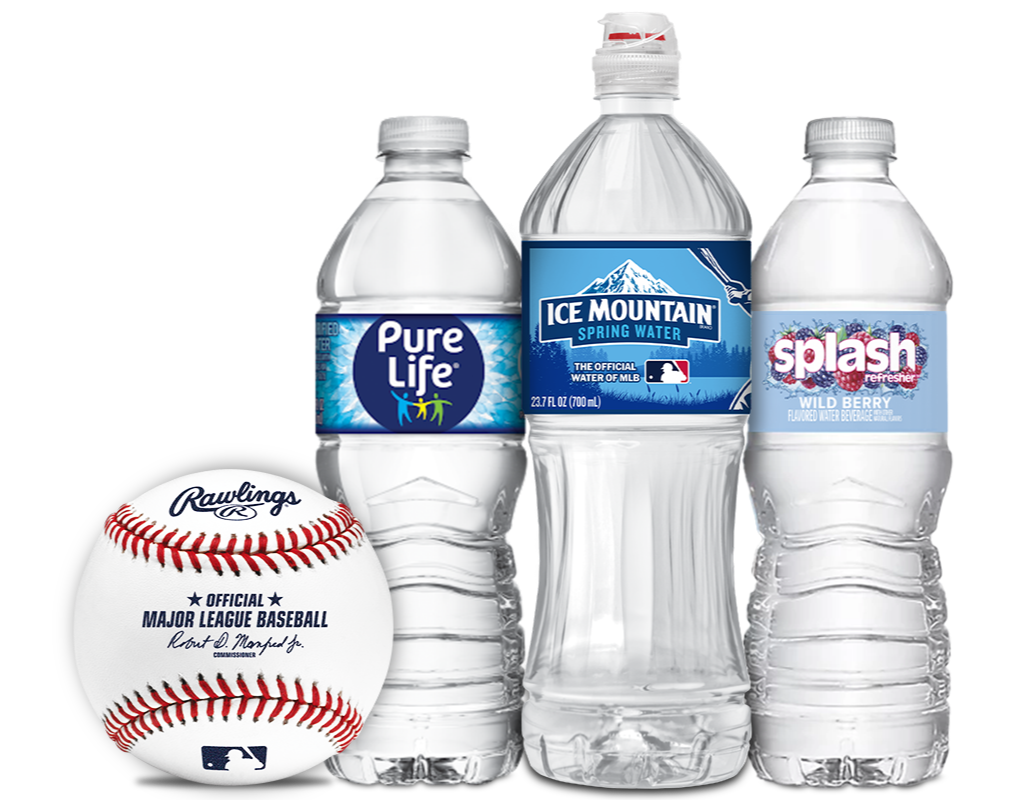 Pure Life, Ice Mountain, and Splash water bottles with Rawlings baseball