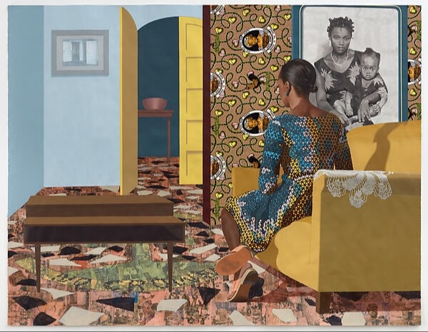 Collage-style artwork of a woman sitting on a yellow couch in a patterned room, with a framed black-and-white photo of a mother and child on the wall in front of her.