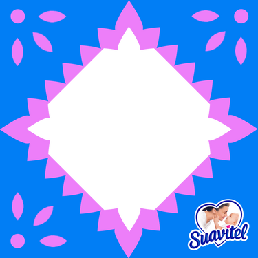 Blue and pink papel picado-style frame with a white center and the Suavitel logo in the bottom right corner. / Marco estilo papel picado azul y rosa con un centro blanco y el logotipo de Suavitel en la esquina inferior derecha.