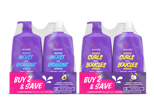 Aussie Miracle Moist and Miracle Curls shampoo and conditioner value bundle two-pack offer.