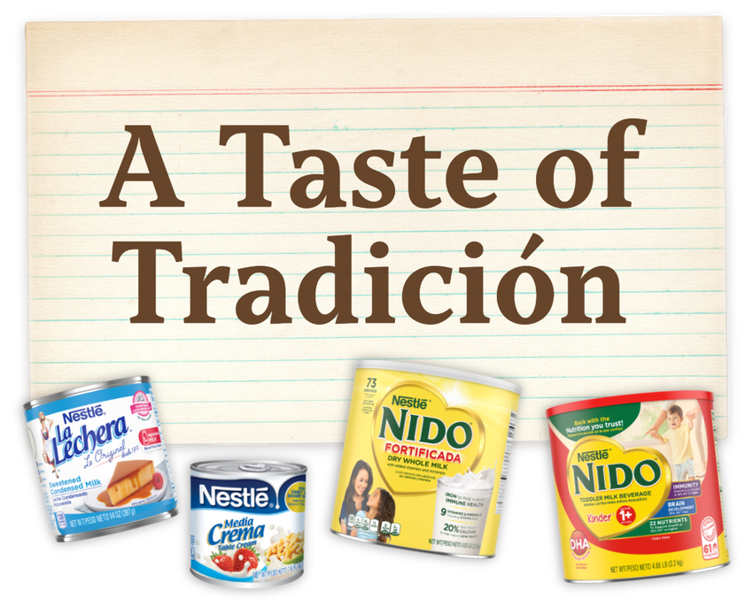 Graphic with the headline ‘A Taste of Tradición’ above images of four Nestlé products: La Lechera sweetened condensed milk, Media Crema table cream, Nido Fortificada dry whole milk, and Nido Kinder 1+ toddler milk beverage. / Gráfico con el título ‘A Taste of Tradición’ sobre imágenes de cuatro productos Nestlé: leche condensada azucarada La Lechera, Media Crema, leche entera en polvo Nido Fortificada y bebida de leche para niños pequeños Nido Kinder 1+.
