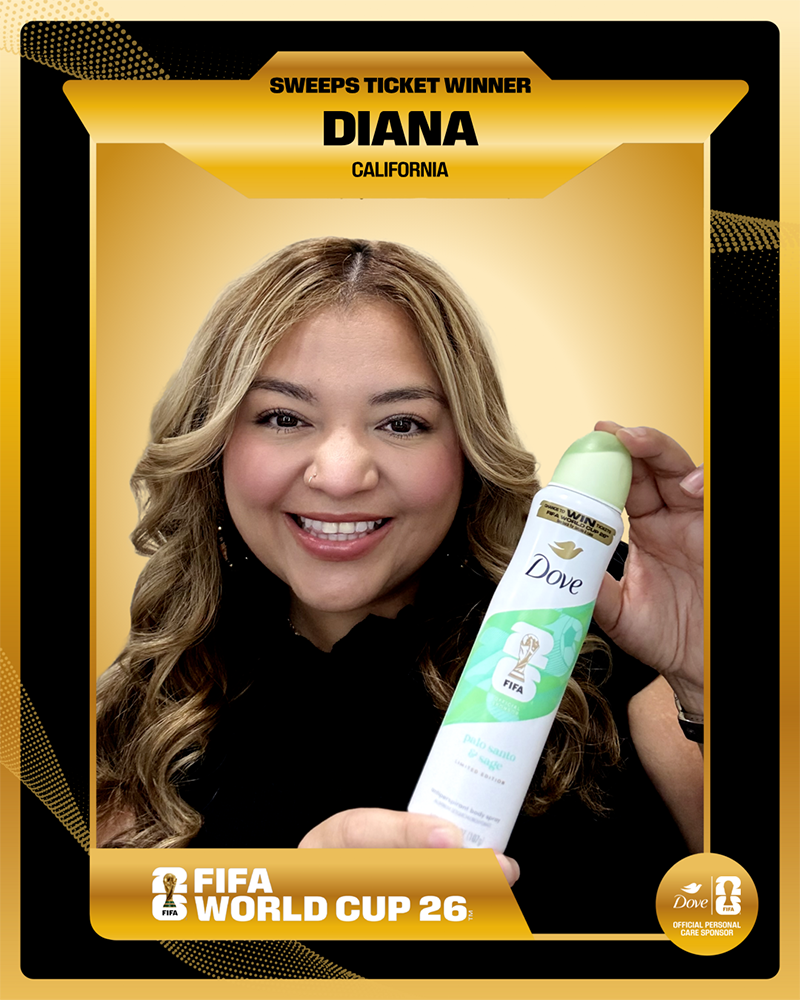 A gold digital trading card celebrating "Sweeps Ticket Winner Diana from California," featuring a smiling woman holding a Dove deodorant spray bottle.