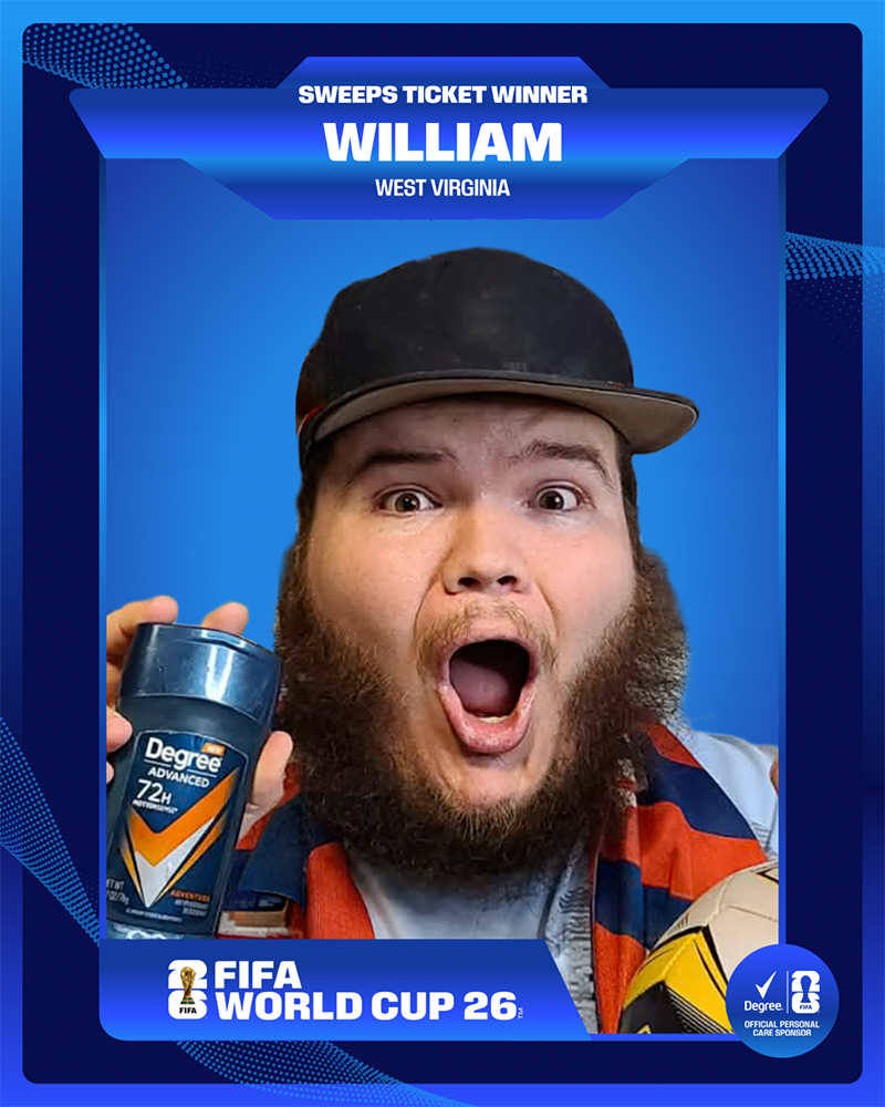 A blue digital trading card celebrating "Sweeps Ticket Winner William from West Virginia," showing a man with an excited expression holding a Degree deodorant stick against a blue background with the FIFA World Cup 26 logo.
