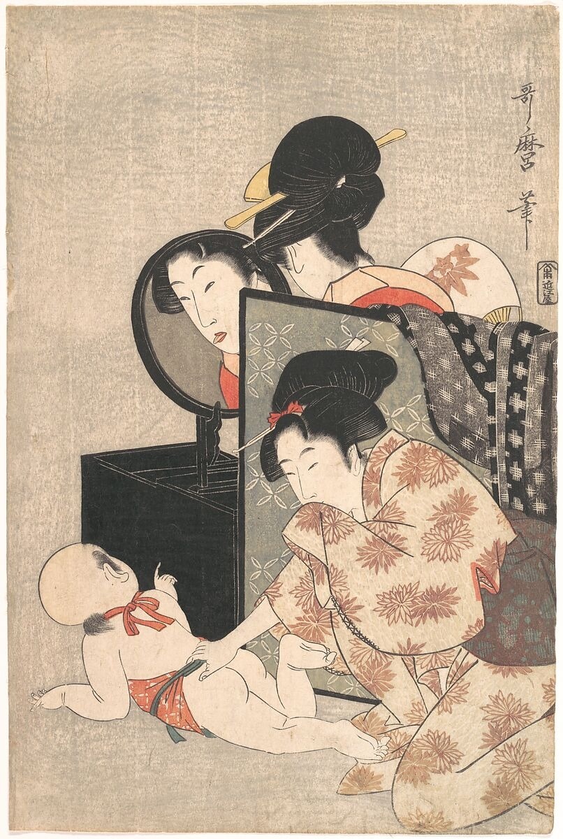Japanese woodblock print of two women in kimonos caring for a baby beside a mirror and dressing table.