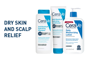CeraVe anti-dandruff and moisturizing products, with text reading: DRY SKIN AND SCALP RELIEF.