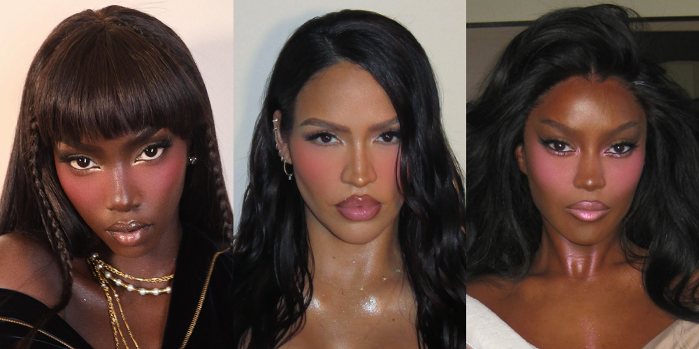 A three-panel collage of women showcasing vibrant, high-pigment pink blush and dramatic makeup looks.