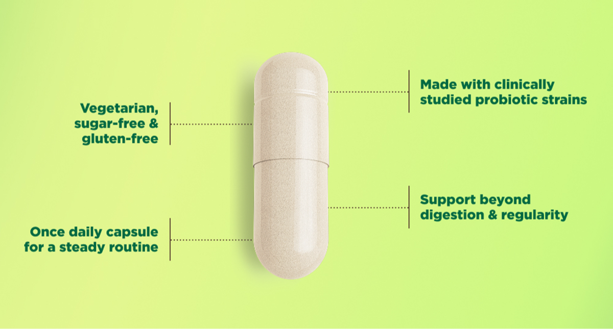Olly probiotics capsule benefits like gluten-free, clinically studied strains and support beyond digestion.