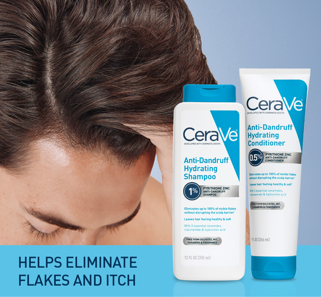 Close-up of a person's hair and scalp next to CeraVe Anti-Dandruff Hydrating Shampoo and Conditioner, with text reading: HELPS ELIMINATE FLAKES AND ITCH.