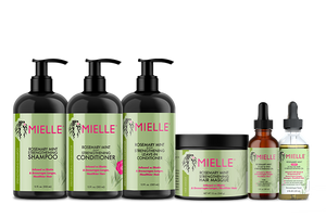 Mielle Rosemary Mint shampoo, conditioner, leave-in, hair masque, and scalp oils product lineup.