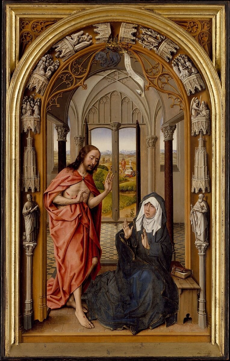 Religious painting of Christ appearing to his mother, Mary, inside a detailed Gothic-style interior.