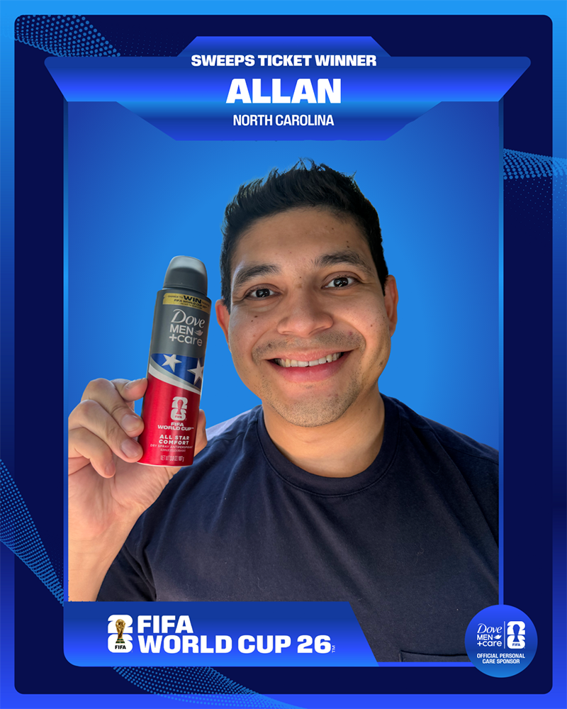 A blue digital trading card celebrating "Sweeps Ticket Winner Allan from North Carolina," featuring a smiling man holding a Dove Men+Care deodorant spray.
