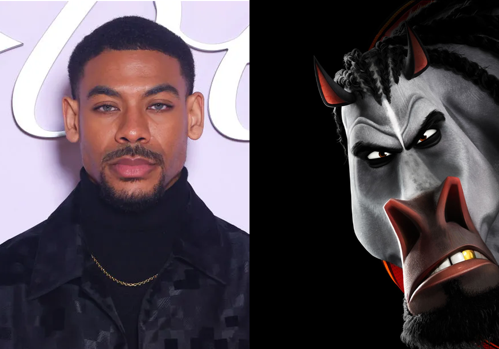 Side-by-side of actor Aaron Pierre and a muscular animated horse with braided hair.