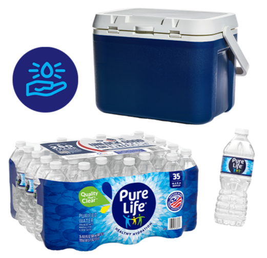 Blue and white cooler alongside a 35-pack and bottle of Pure Life water.