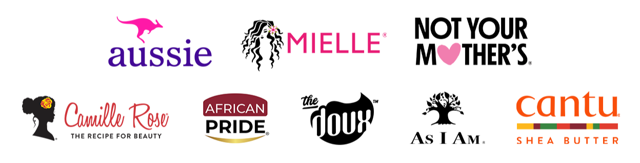 Aussie, Mielle, Not Your Mother's, Camille Rose, African Pride, The Doux, As I Am, and Cantu logos.