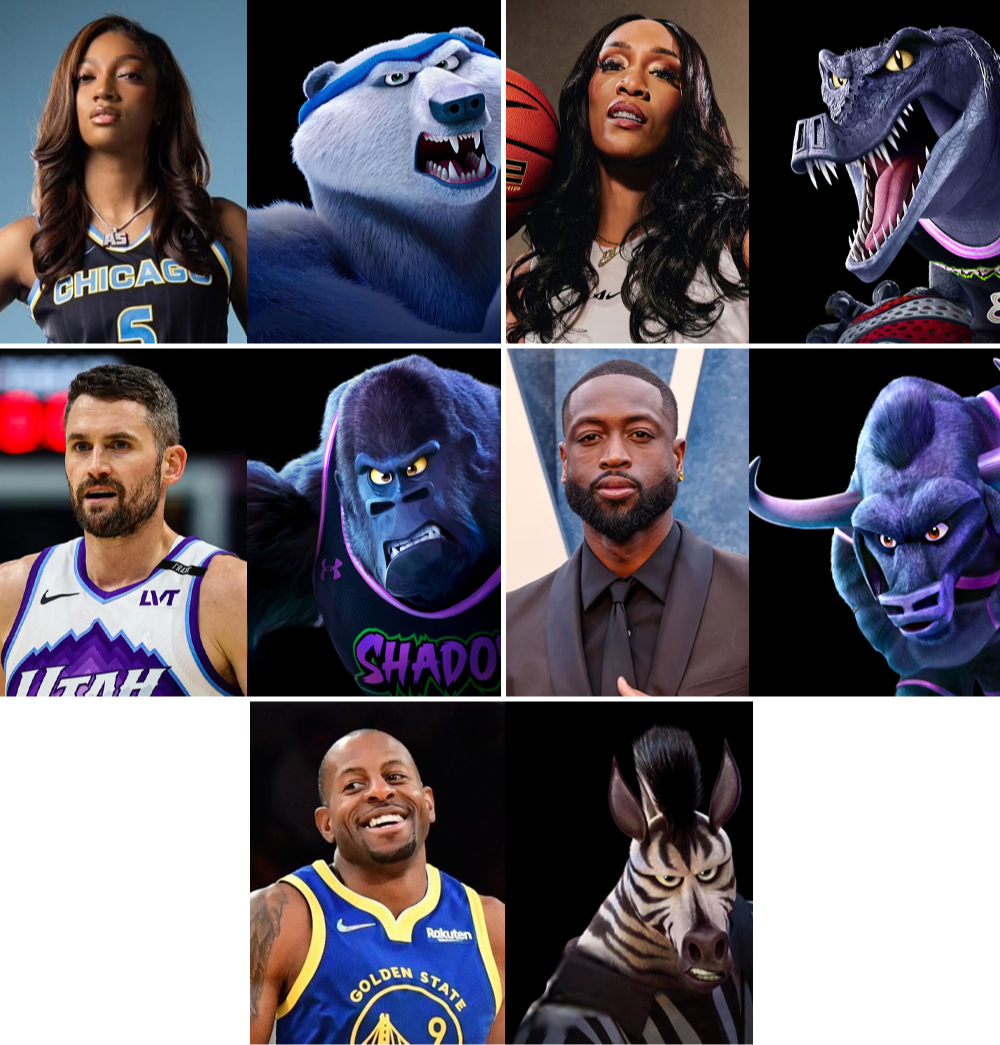 A collage featuring athletes Angel Reese, A’ja Wilson, Kevin Love, Dwyane Wade, and Andre Iguodala paired with their respective animal avatars: a polar bear, a dragon, a gorilla, a bull, and a zebra.