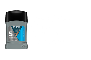 A container of Degree Men Cool Rush Clinical Invisible Solid antiperspirant against a black background with matching white text.