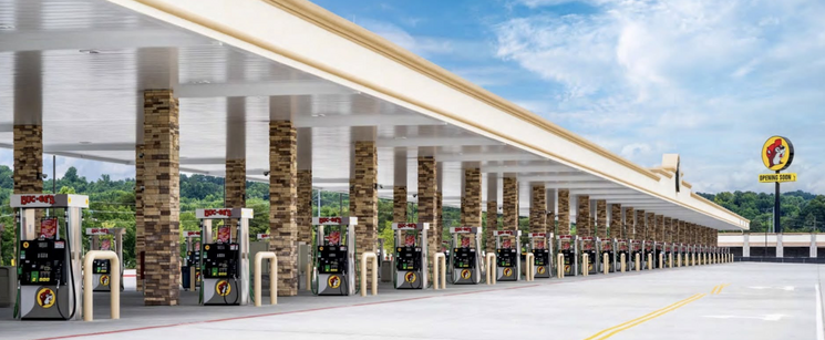 Wide view of multiple Buc-ee’s gas pumps.
