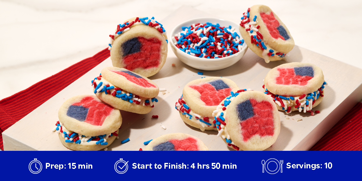 Pillsbury™ Flag Cookie Ice Cream Sandwiches. Recipe prep time is 15 minutes, time start to finish is 4 hours and 50 minutes and provides 10 servings.