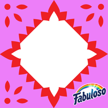 Pink and red papel picado-style frame with a white center and the Fabuloso logo in the bottom right corner. / Marco estilo papel picado rosa y rojo con un centro blanco y el logotipo de Fabuloso en la esquina inferior derecha.