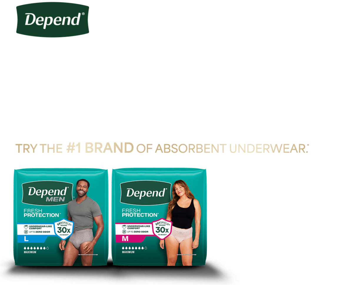 Depend logo, Comebacks Start at Walmart tagline, with the subtitle Try the #1 brand of absorbent underwear.