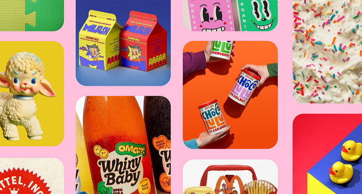 A moodboard of objects and packaging with playful, nostalgic design qualities, such as bright illustrations, sticker collages, and fun typography inspired by vintage packaging and toys.