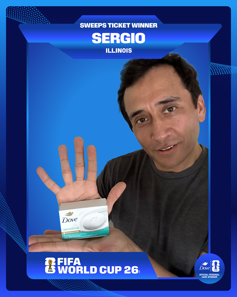 A blue digital trading card celebrating "Sweeps Ticket Winner Sergio from Illinois," showing a man gesturing toward a Dove beauty bar soap box in his palm.