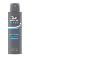 A canister of Dove Men+Care Max Protection Clean Comfort Dry Spray against a black background with white text.
